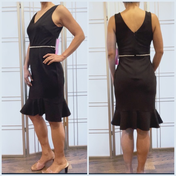 Betsey Johnson Black Midi Tank Sheath Dress Ruffle Hem with Pearl Trim Size 4 - Picture 1 of 8